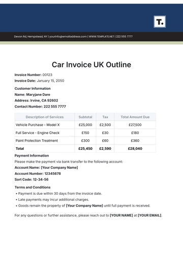 Free Car Invoice UK Outline Template to Edit Online