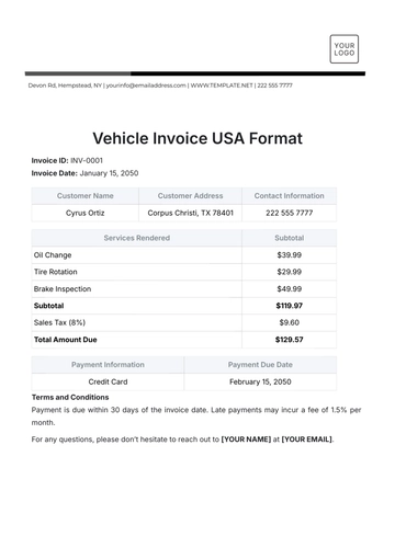 Free Vehicle Invoice USA Format Template to Edit Online