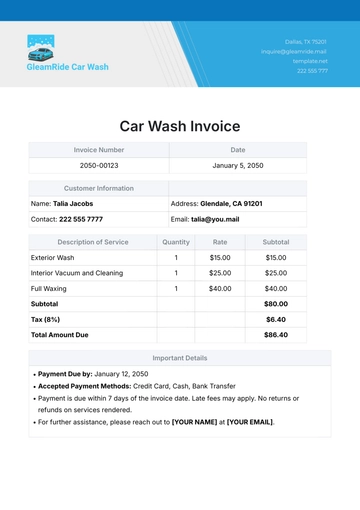 Free Car Wash Invoice Template to Edit Online