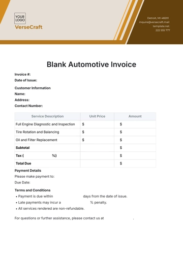 Free Blank Automotive Invoice Template to Edit Online