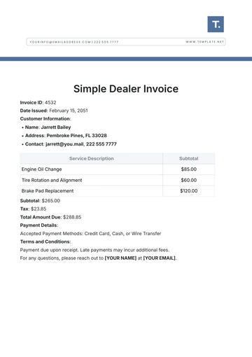 Free Simple Dealer Invoice Template to Edit Online