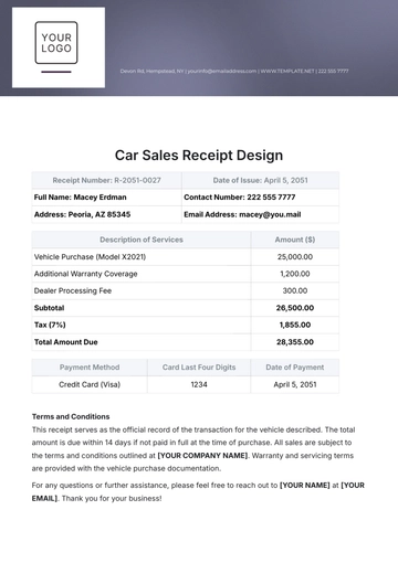 Free Car Sales Receipt Design Template to Edit Online