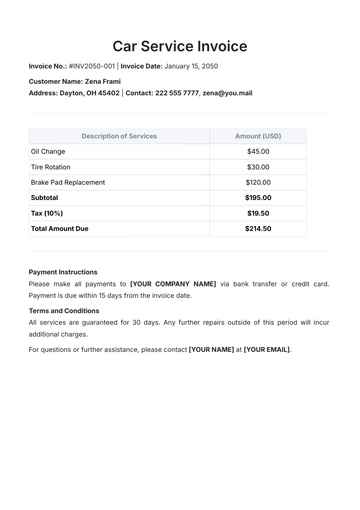 Free Car Service Invoice Template to Edit Online
