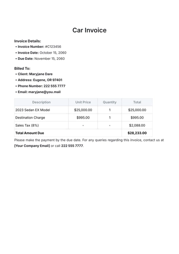 Free Car Invoice Template to Edit Online