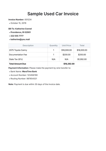 Free Sample Used Car Invoice Template to Edit Online
