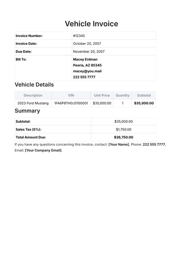 Free Vehicle Invoice Template to Edit Online