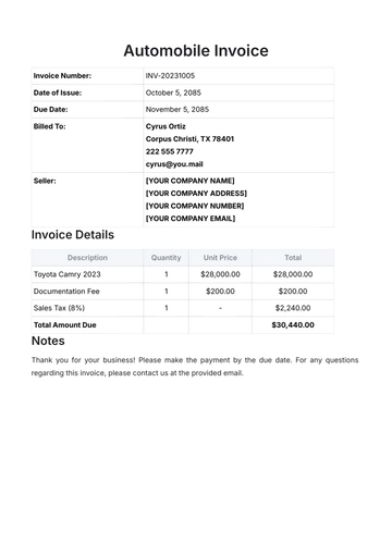 Free Automobile Invoice Template to Edit Online