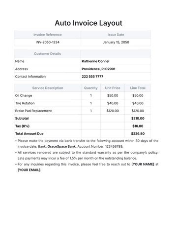 Free Auto Invoice Layout Template to Edit Online