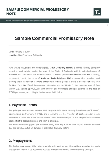 Free Sample Commercial Promissory Note Template to Edit Online