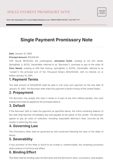 Free Single Payment Promissory Note Template to Edit Online