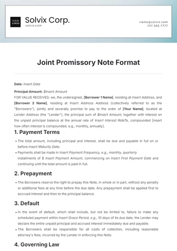 Free Joint Promissory Note Format Template to Edit Online