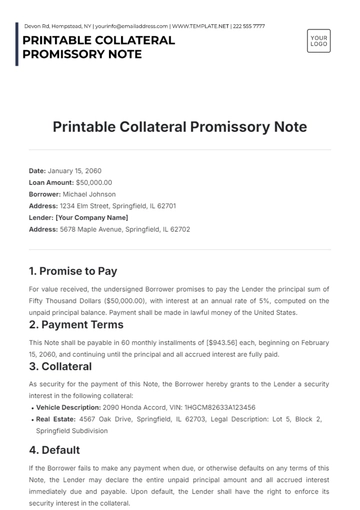 Free Printable Collateral Promissory Note Template to Edit Online