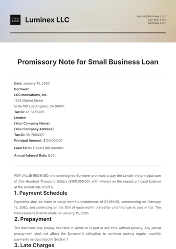 Free Promissory Note for Small Business Loan Template to Edit Online