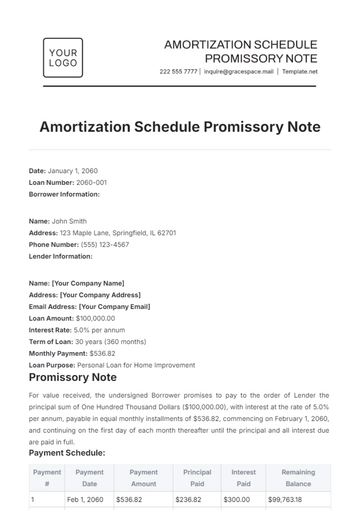 Free Amortization Schedule Promissory Note Template to Edit Online