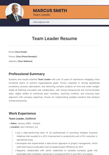 Free Team Leader Resume Template to Edit Online