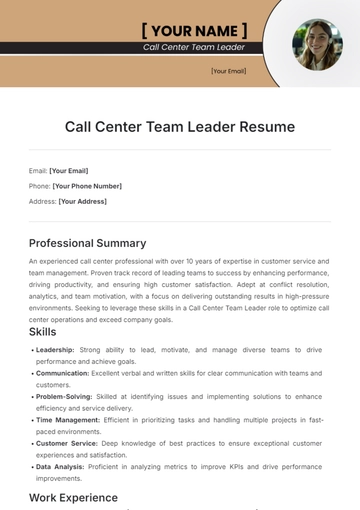 Free Call Center Team Leader Resume Template to Edit Online
