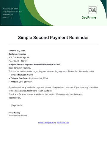 Free Simple Second Payment Reminder Template to Edit Online