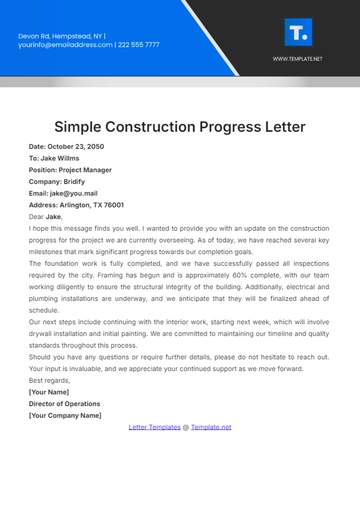 Free Simple Construction Progress Letter Template to Edit Online