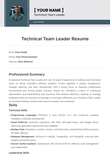 Free Technical Team Leader Resume Template to Edit Online