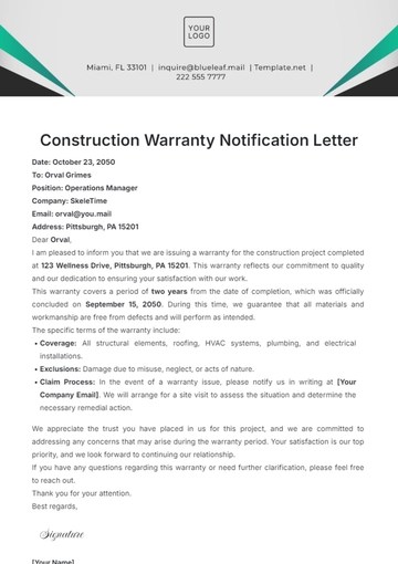 Free Construction Warranty Letter Template to Edit Online