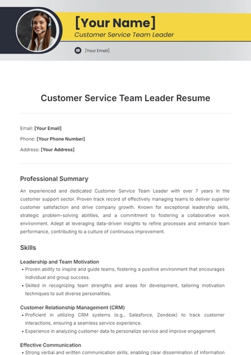 Free Customer Service Team Leader Resume Template to Edit Online