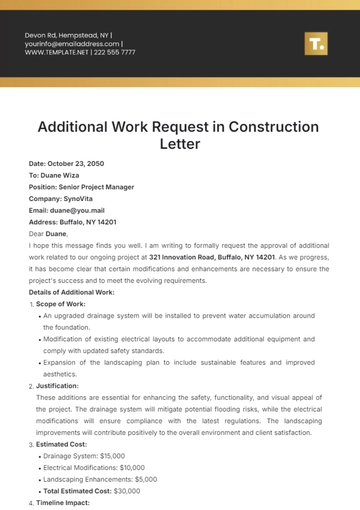 Free Additional Work in Construction Letter Template to Edit Online