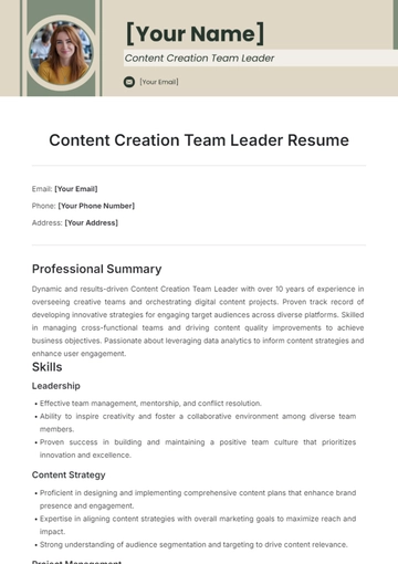 Free Content Creation Team Leader Resume Template to Edit Online