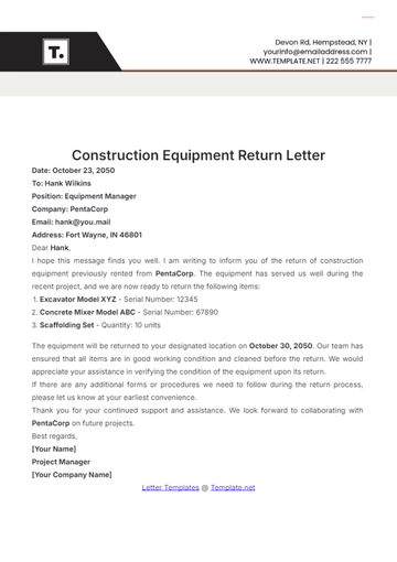 Free Construction Equipment Return Letter Template to Edit Online
