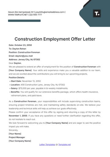 Free Construction Employment Offer Letter Template to Edit Online