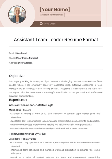 Free Assistant Team Leader Resume Format Template to Edit Online
