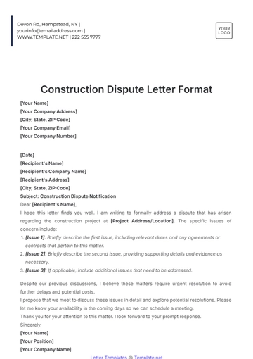 Free Construction Dispute Letter Format Template to Edit Online