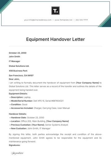 Free Equipment Handover Letter Template to Edit Online