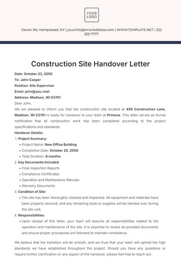 Free Construction Site Handover Letter Template to Edit Online