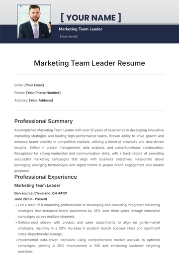 Free Marketing Team Leader Resume Template to Edit Online