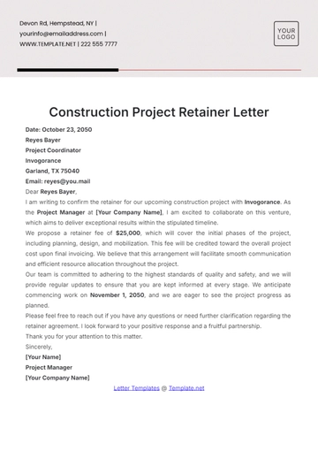 Free Construction Project Retainer Letter Template to Edit Online