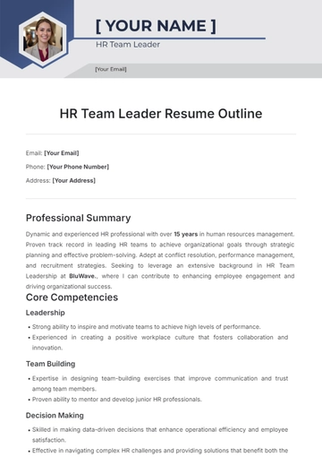 Free HR Team Leader Resume Outline Template to Edit Online