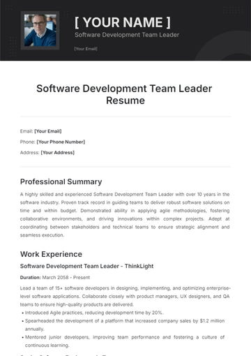 Free Software Development Team Leader Resume Template to Edit Online