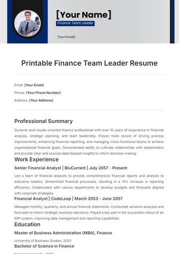 Free Printable Finance Team Leader Resume Template to Edit Online