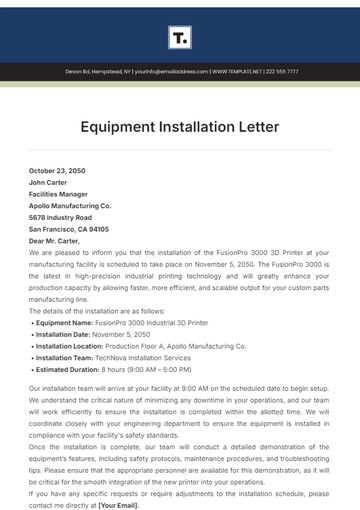 Free Equipment Installation Letter Template to Edit Online