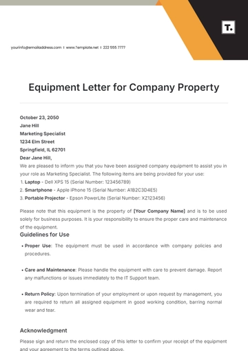 Free Equipment Letter for Company Property Template to Edit Online