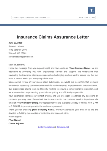 Free Insurance Claims Assurance Letter Template to Edit Online