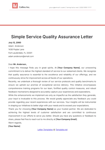 Free Simple Service Quality Assurance Letter Template to Edit Online