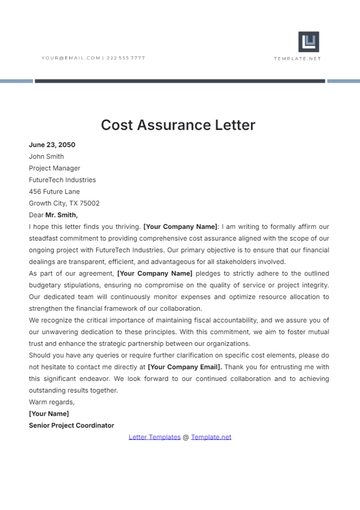 Free Cost Assurance Letter Template to Edit Online
