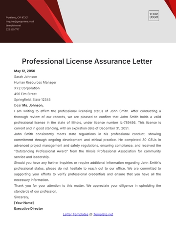 Free Professional License Assurance Letter Template to Edit Online