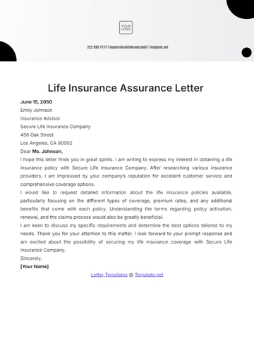Free Life Insurance Assurance Letter Template to Edit Online