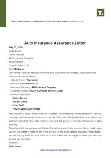 Free Auto Insurance Assurance Letter Template to Edit Online