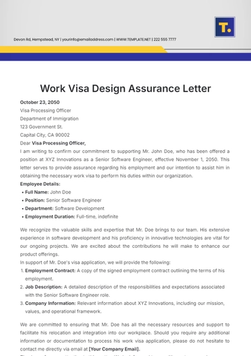 Free Work Visa Design  Assurance Letter Template to Edit Online
