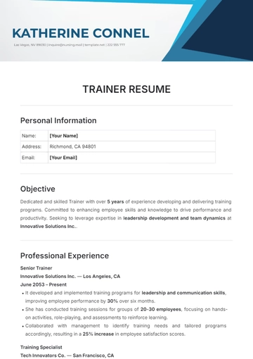 Free Trainer Resume Template to Edit Online
