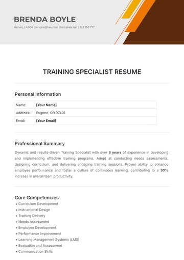 Free Training Specialist Resume Template to Edit Online