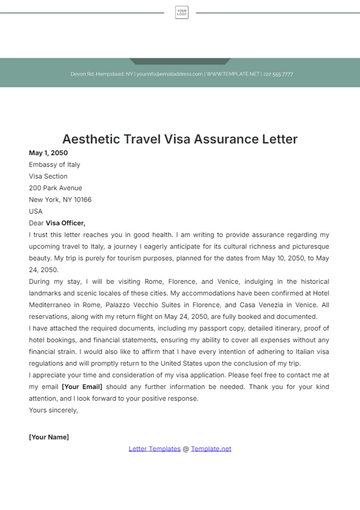 Free Aesthetic Travel Visa Assurance Letter Template to Edit Online
